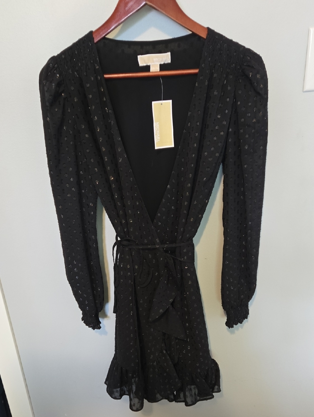 MICHAEL Michael Kors Black Long-Sleeve Dot-Texture Wrap Dress